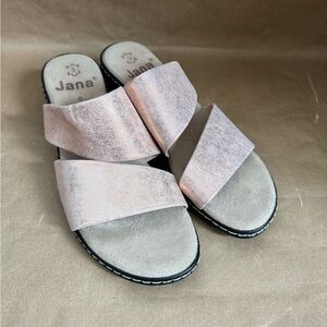 Jana Rose Gold Pink Metallic Leather Two Strap Sandals. Size US8/EU39